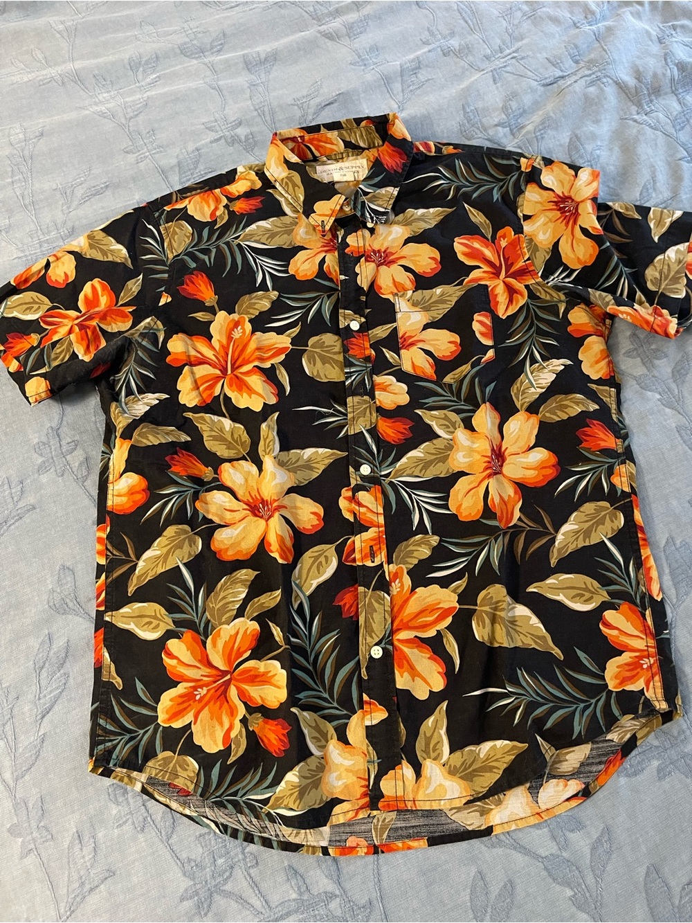 Men's Floral Short-Sleeve Button-Up Shirt - Black with Orange Floral